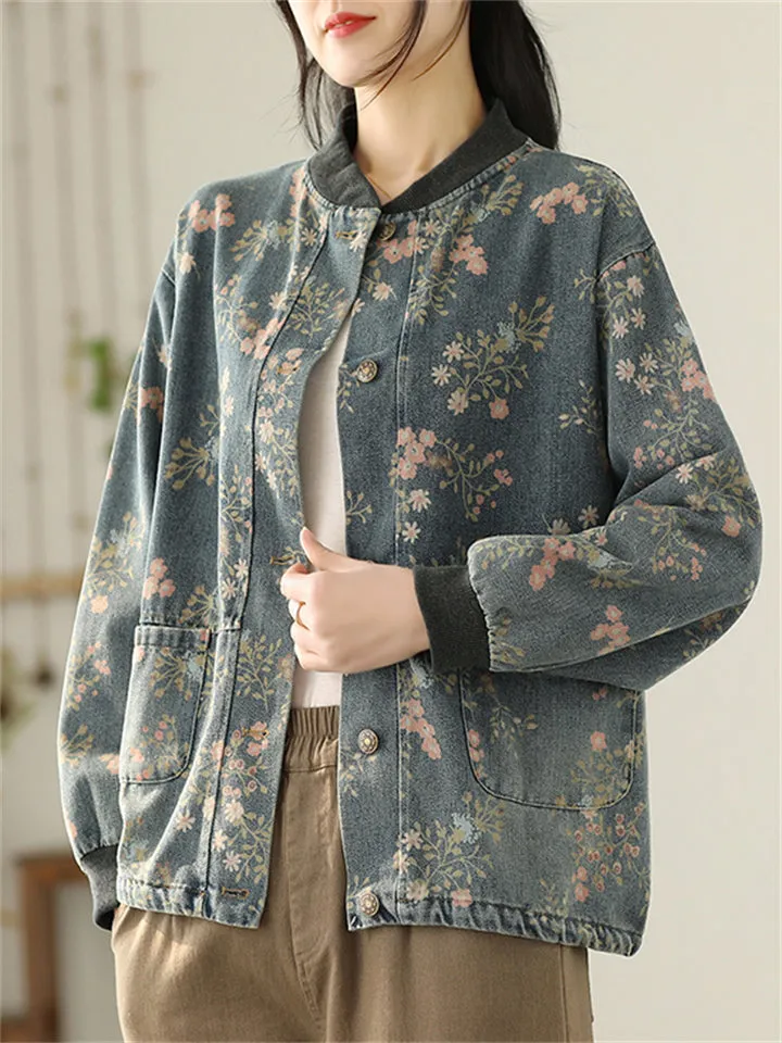 New Type Printing Stand-Up Collar Jackets For Women