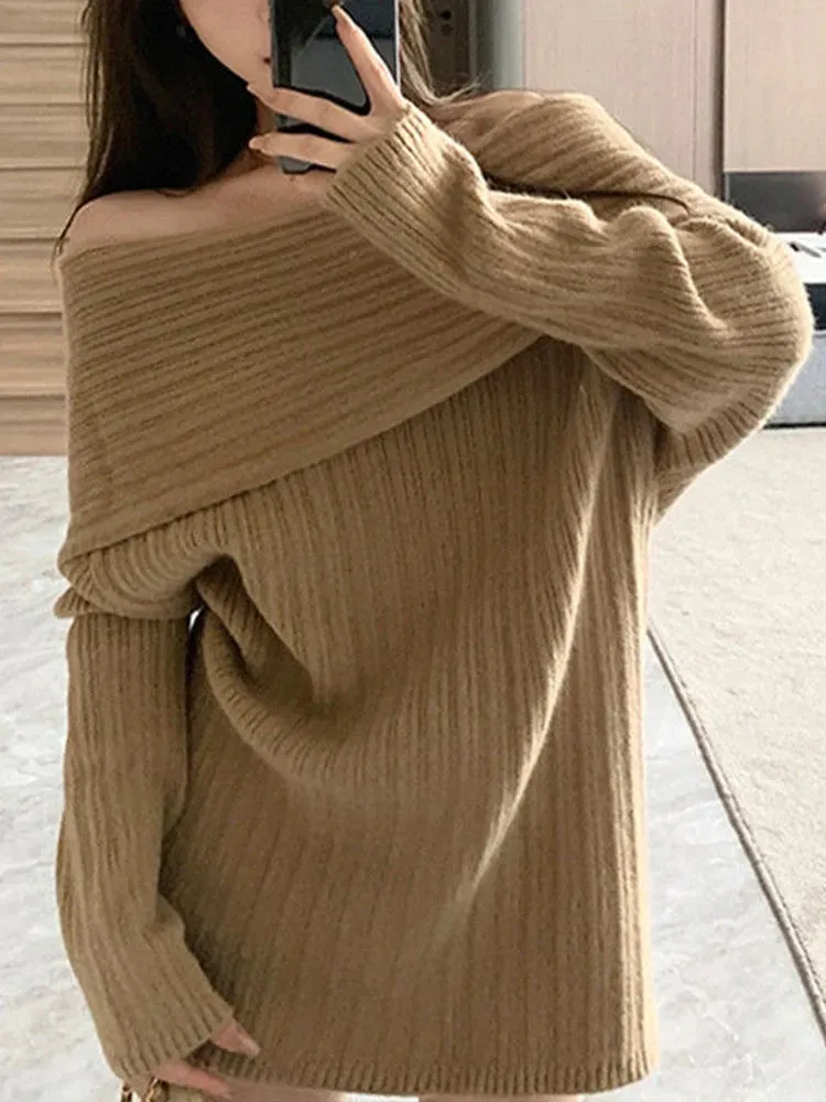 Off-Shoulder Knitted Sweater – Elegant Loose Pullover for Autumn/Winter Chic & Cozy Fashion