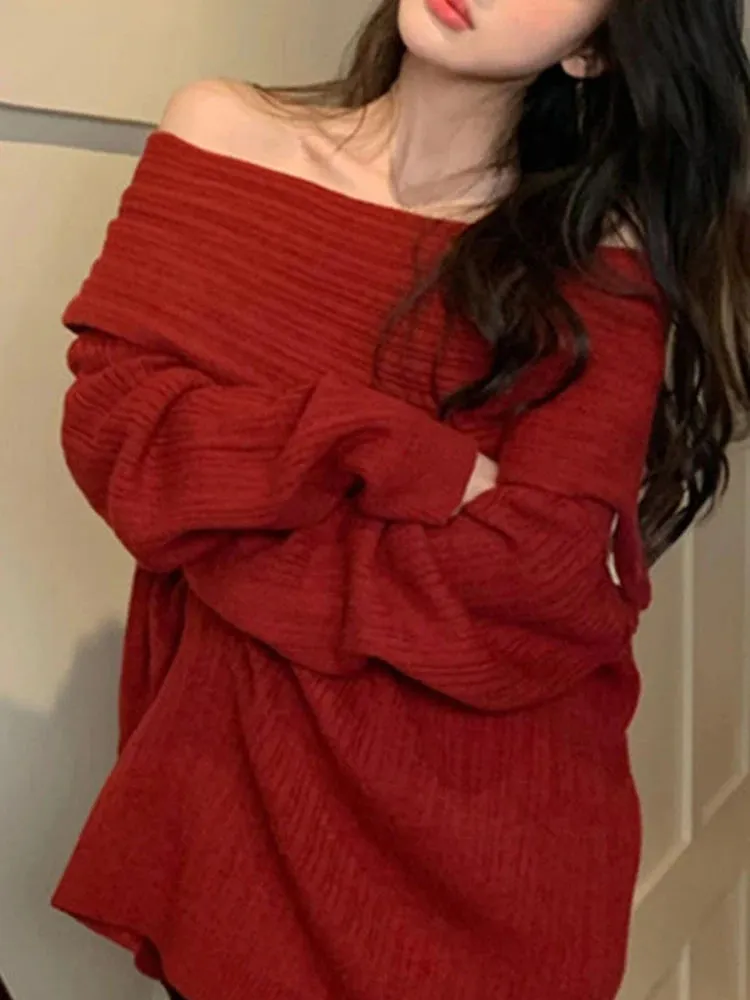 Off-Shoulder Knitted Sweater – Elegant Loose Pullover for Autumn/Winter Chic & Cozy Fashion