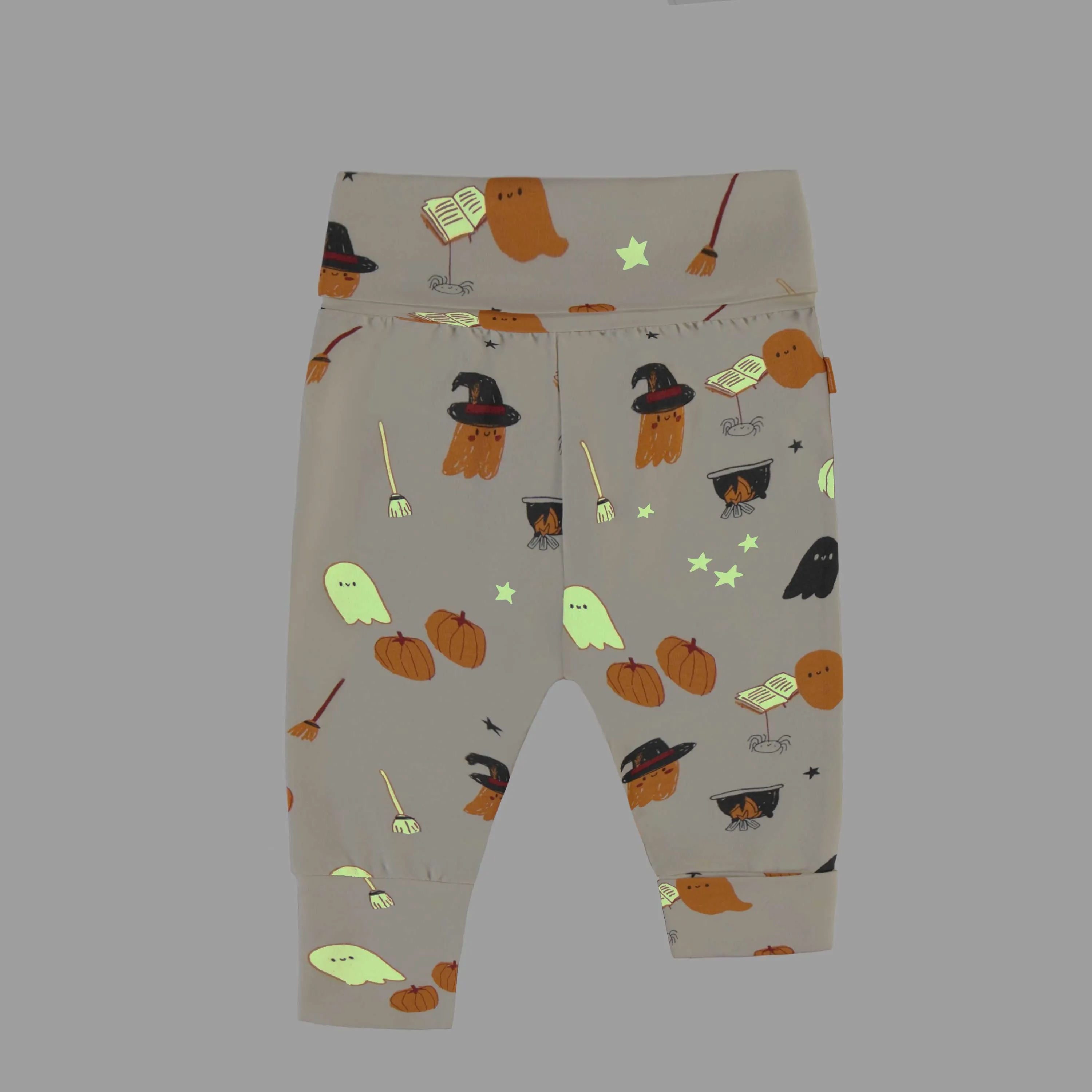 Pantalon évolutif crème à motifs d'Halloween phosphorescents en jersey extensible, bébé || Cream evolutive pants with glow in the dark Halloween all over print in stretch jersey, baby