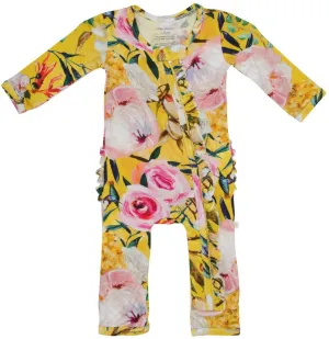 Posh Peanut Tuscan Yellow Floral Ruffle Zippered LS One Piece Ruffle Romper