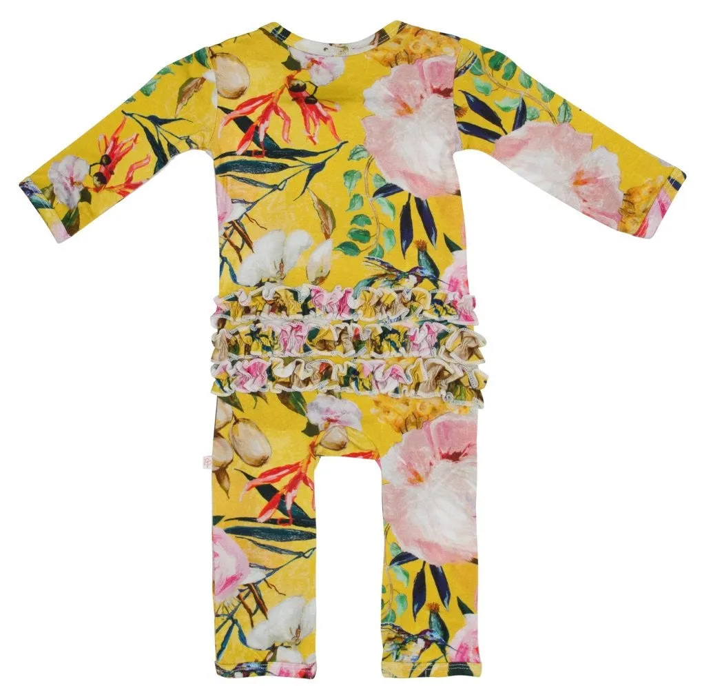 Posh Peanut Tuscan Yellow Floral Ruffle Zippered LS One Piece Ruffle Romper