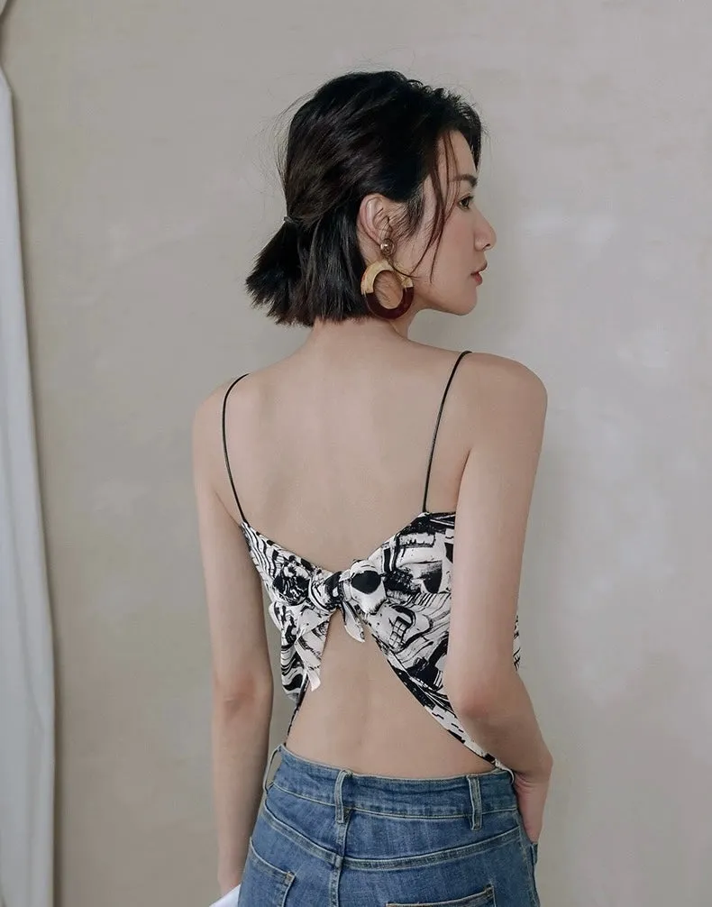 Printed Scarf Tie Camisole Top in White/Black