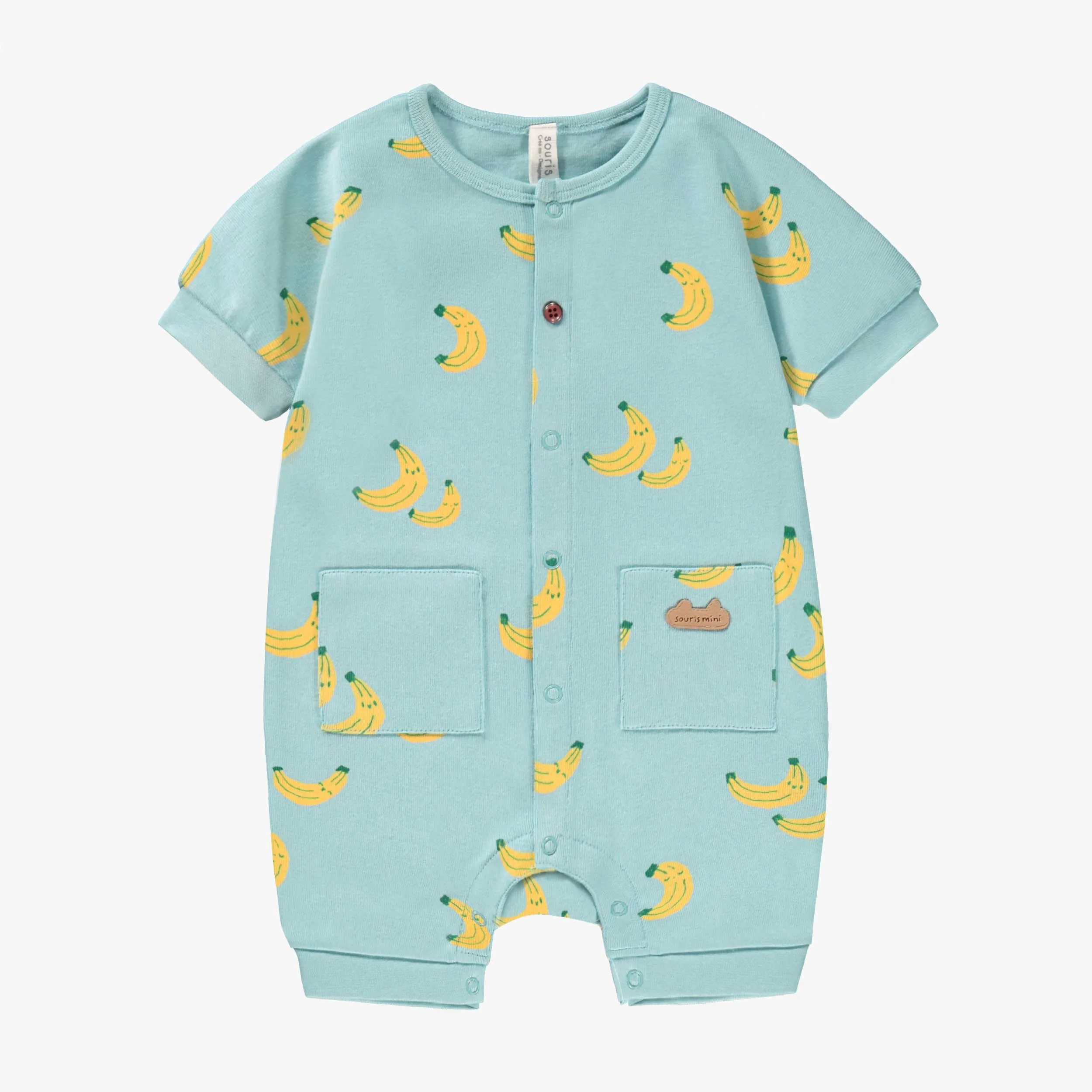 Pyjama bleu à motifs de bananes, naissance || Blue pajamas with banana all over print, newborn