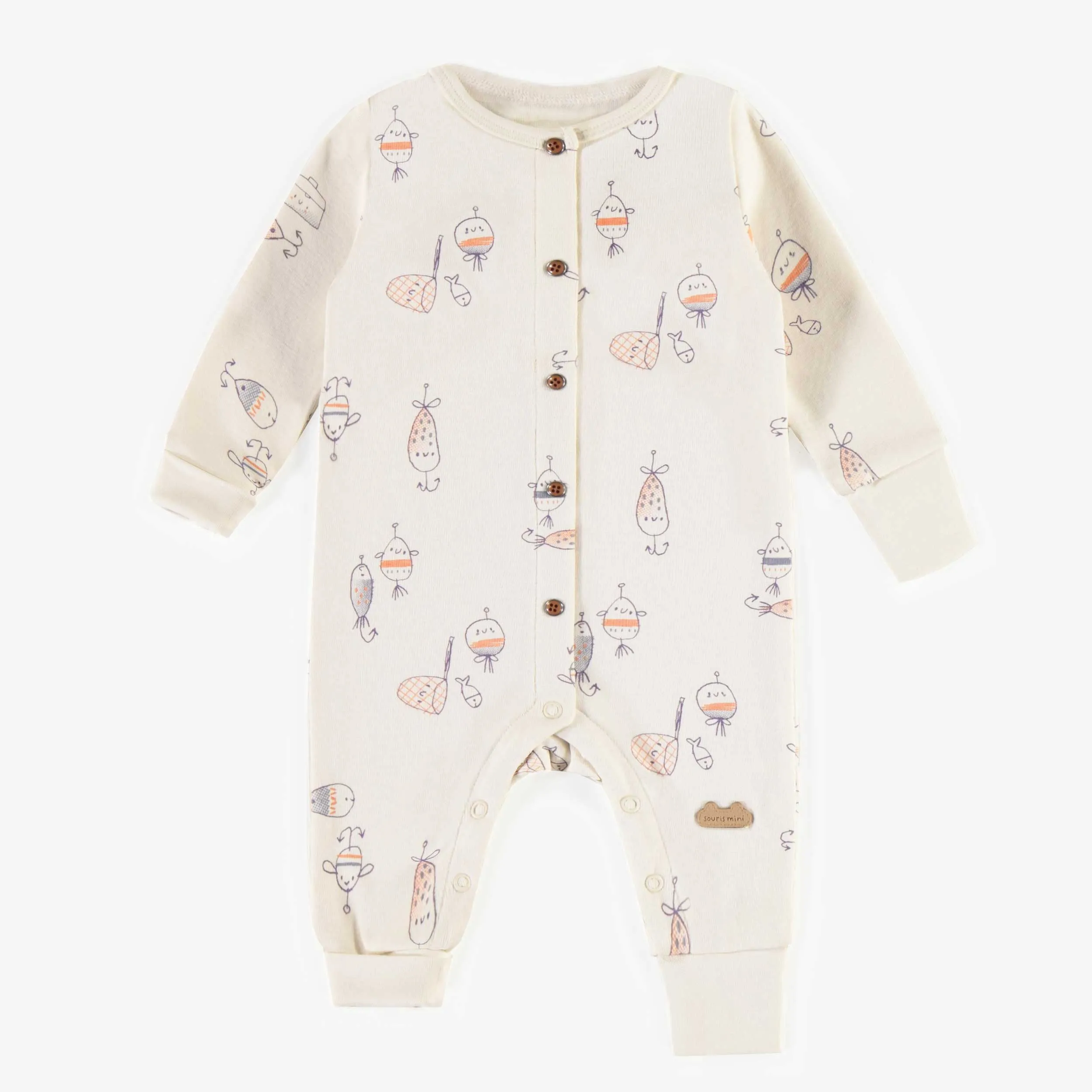 Pyjama crème à motifs d’hameçons en coton biologique extensible, naissance || Cream hook pattern pajamas in organic cotton, newborn