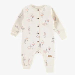 Pyjama crème à motifs d’hameçons en coton biologique extensible, naissance || Cream hook pattern pajamas in organic cotton, newborn