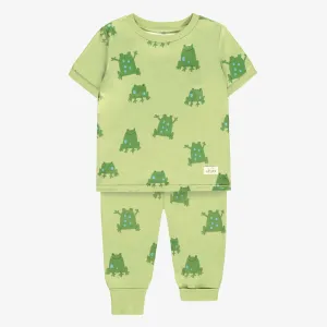 Pyjama deux pièces vert en jersey doux à motifs de grenouilles, bébé || Green soft jersey two piece pajamas with frog all-over print, baby