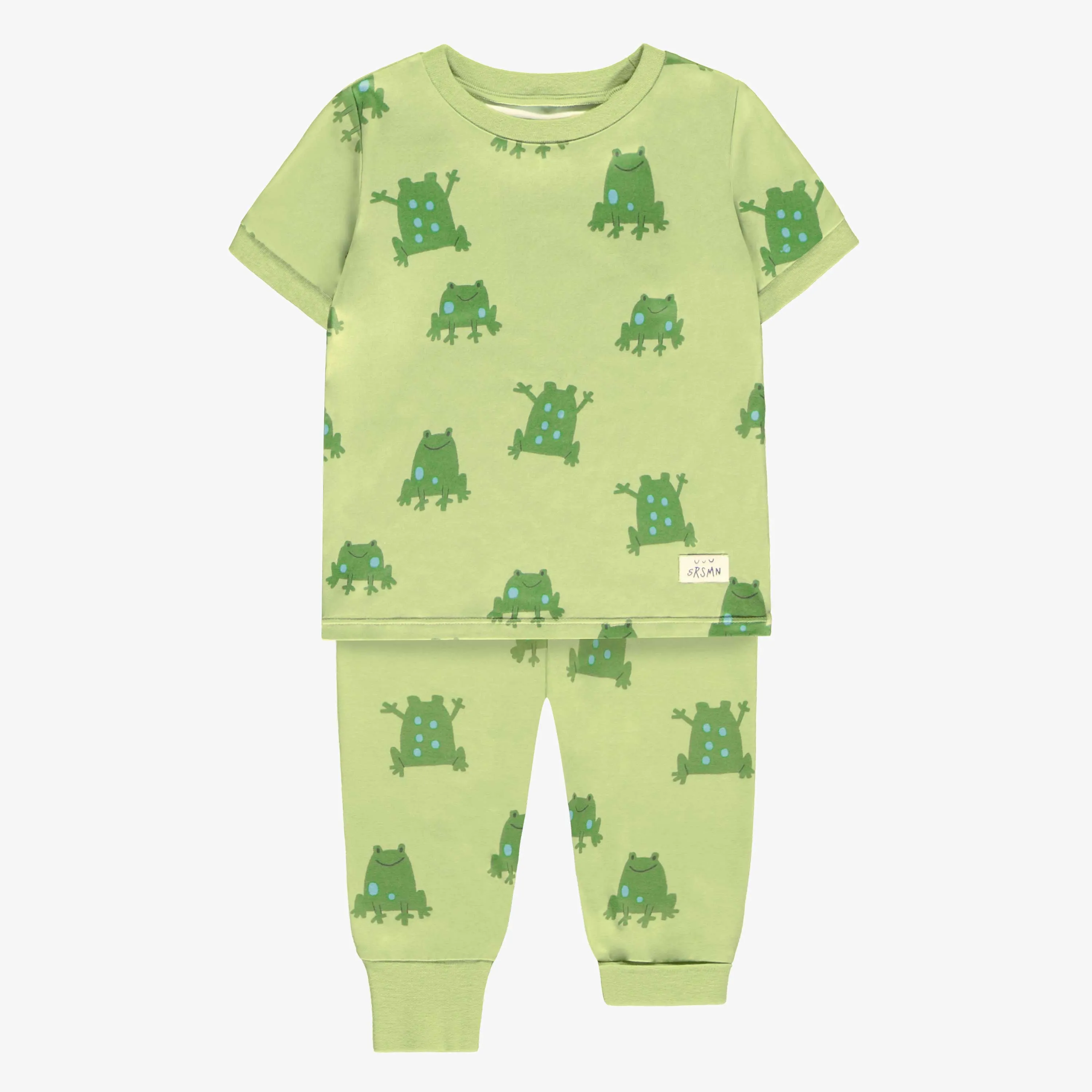 Pyjama deux pièces vert en jersey doux à motifs de grenouilles, bébé || Green soft jersey two piece pajamas with frog all-over print, baby