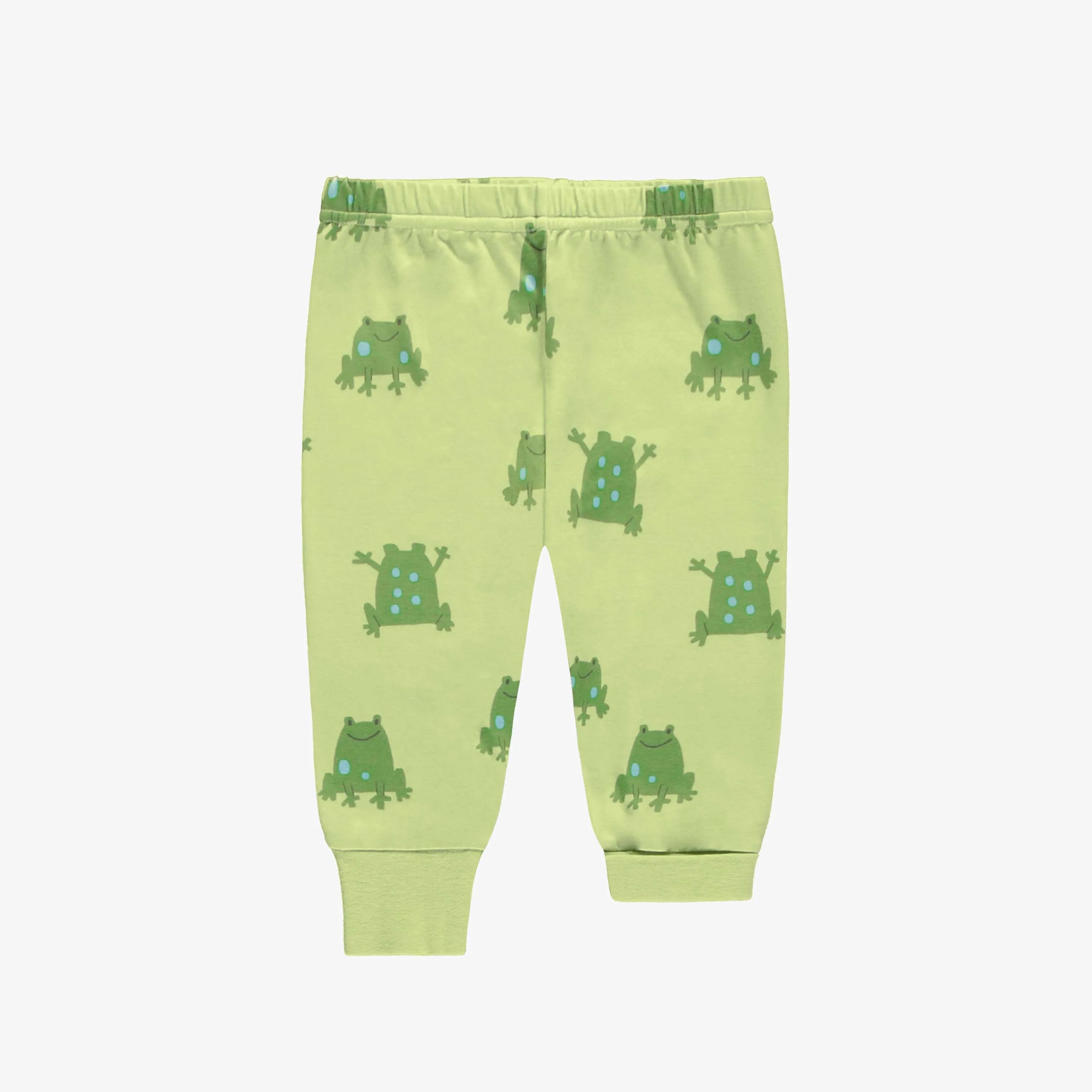 Pyjama deux pièces vert en jersey doux à motifs de grenouilles, bébé || Green soft jersey two piece pajamas with frog all-over print, baby