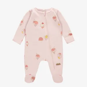 Pyjama rose pâle avec motif de crèmes glacées en coton biologique, naissance || Light pink pajama with ice cream print in organic cotton, newborn