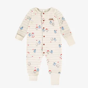 Pyjama une pièce crème à rayures bleues et motifs, naissance || Cream one piece pajamas in with blue stripes and all over print, newborn