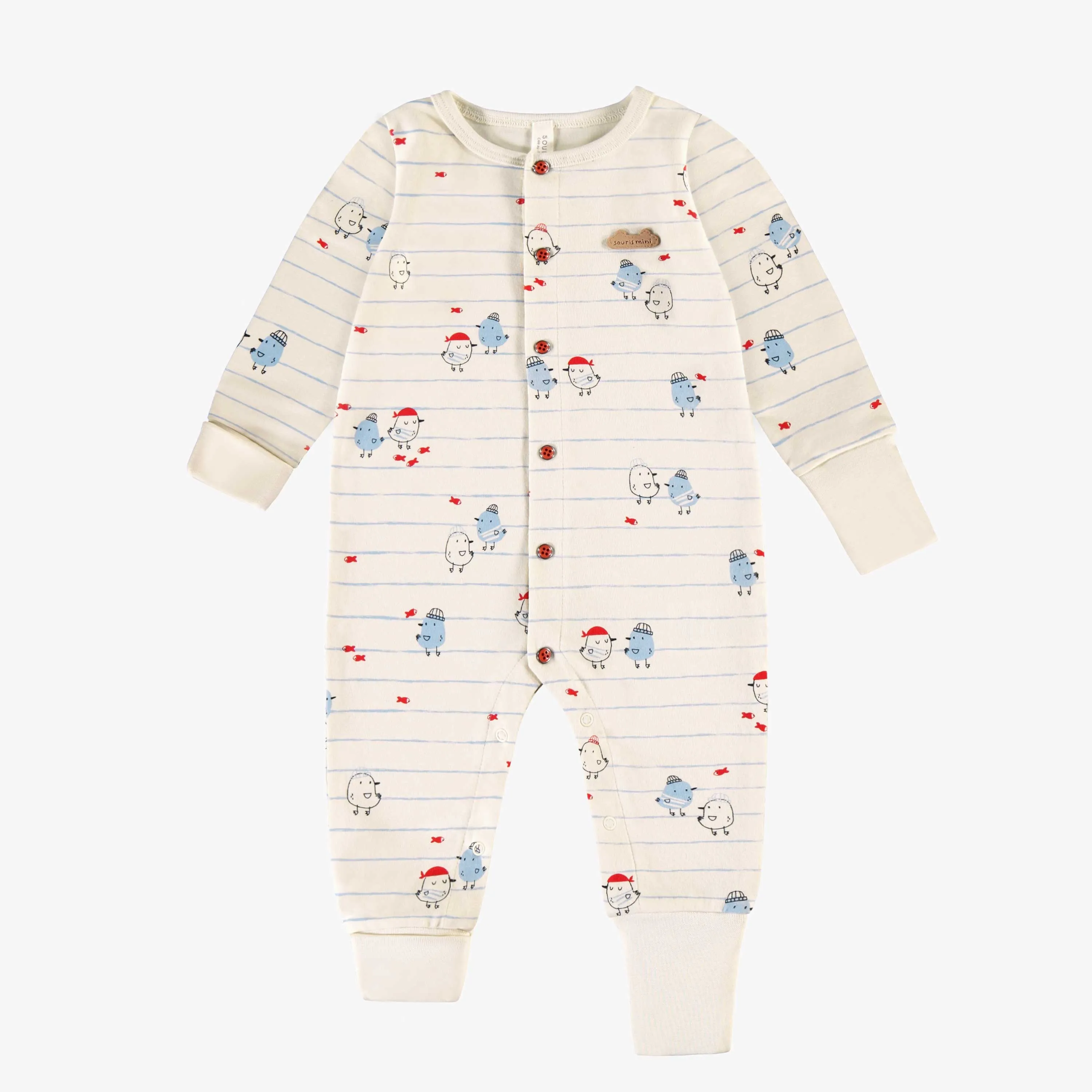Pyjama une pièce crème à rayures bleues et motifs, naissance || Cream one piece pajamas in with blue stripes and all over print, newborn