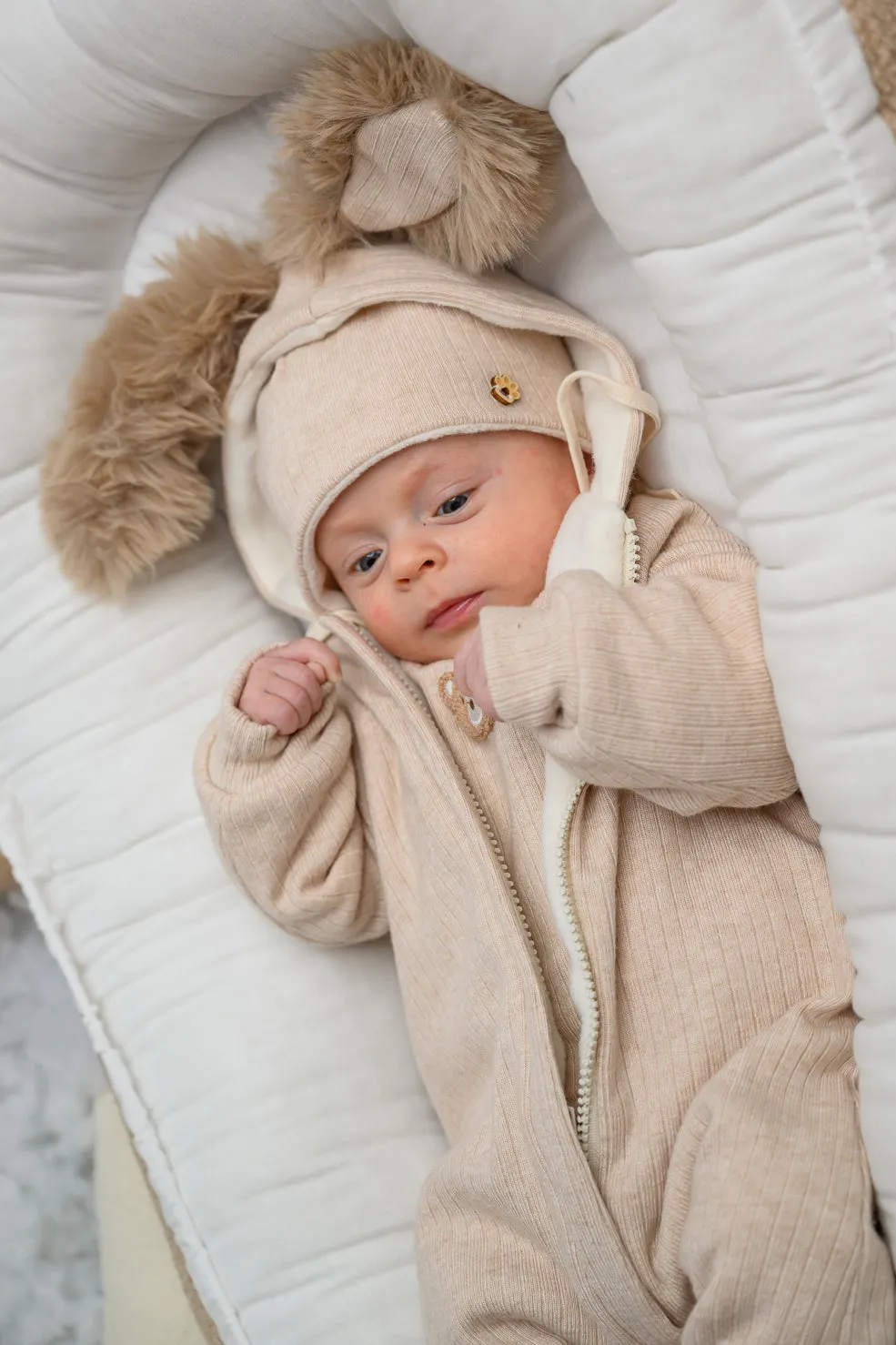 "Kirby" Ribbed Faux Fur Bunny Ear Romper