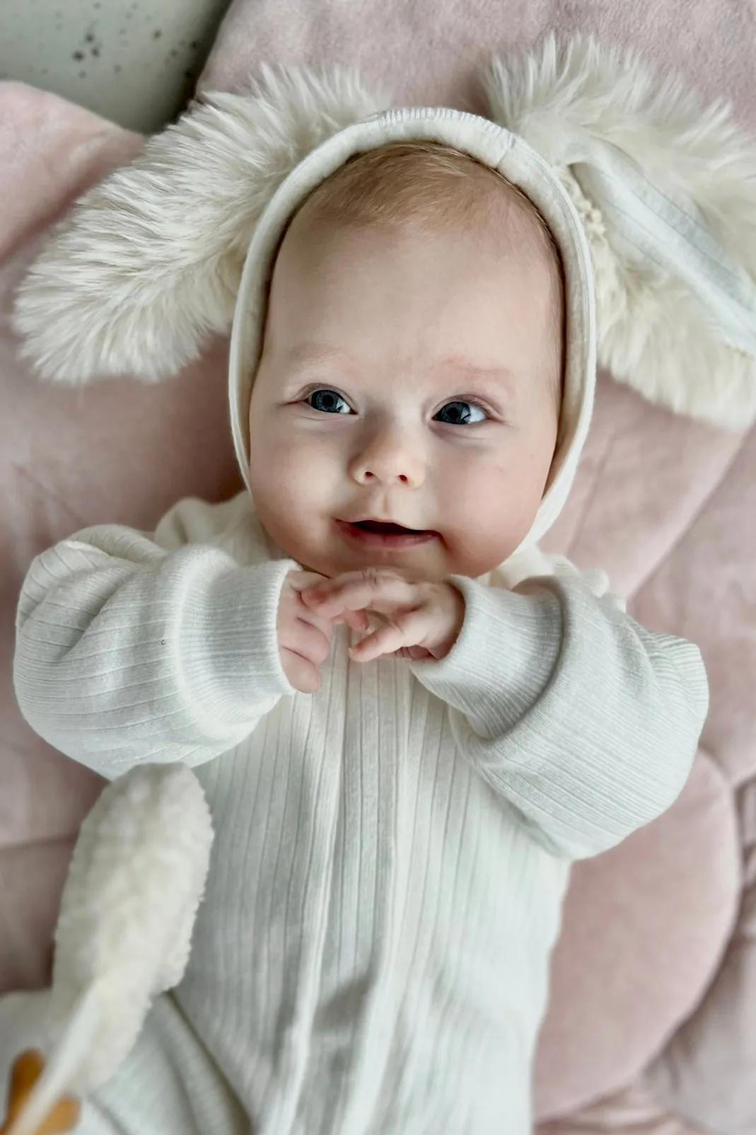 "Kirby" Ribbed Faux Fur Bunny Ear Romper