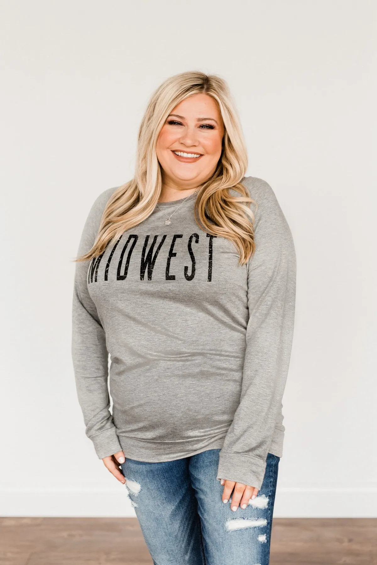 "Midwest" Long Sleeve Graphic Top- Grey