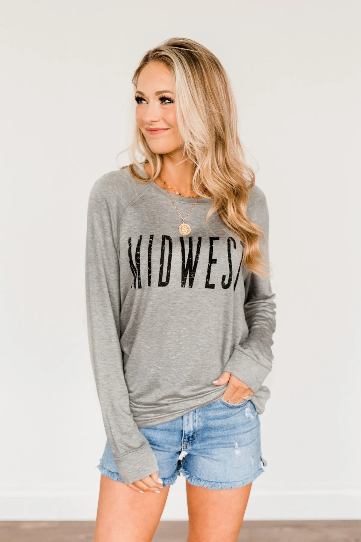 "Midwest" Long Sleeve Graphic Top- Grey