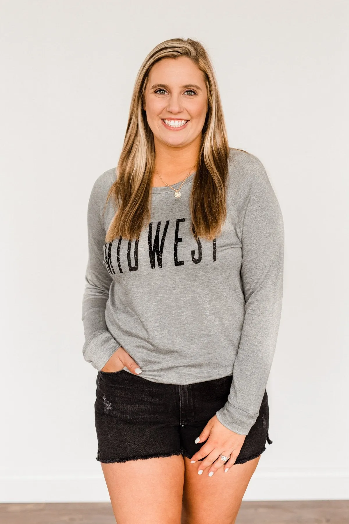 "Midwest" Long Sleeve Graphic Top- Grey