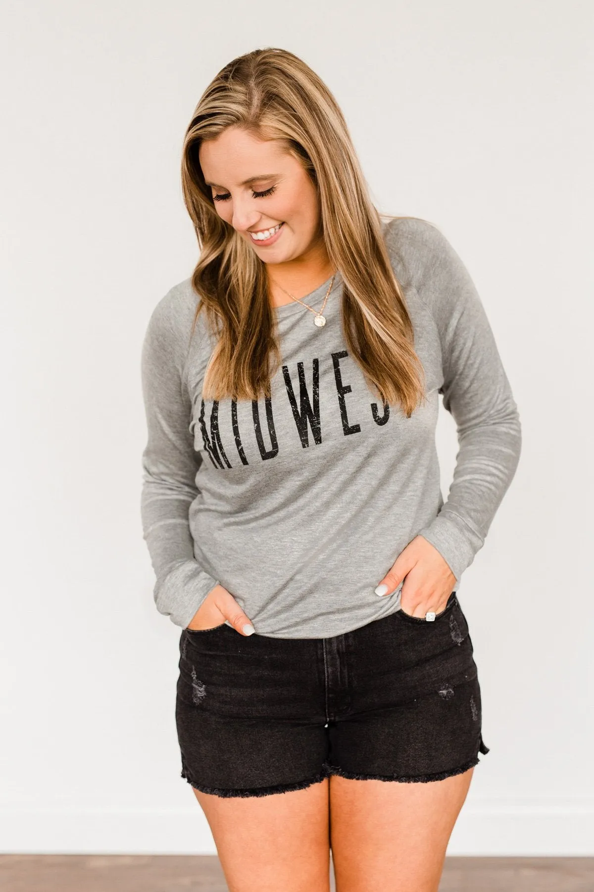 "Midwest" Long Sleeve Graphic Top- Grey