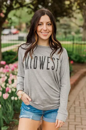 "Midwest" Long Sleeve Graphic Top- Grey