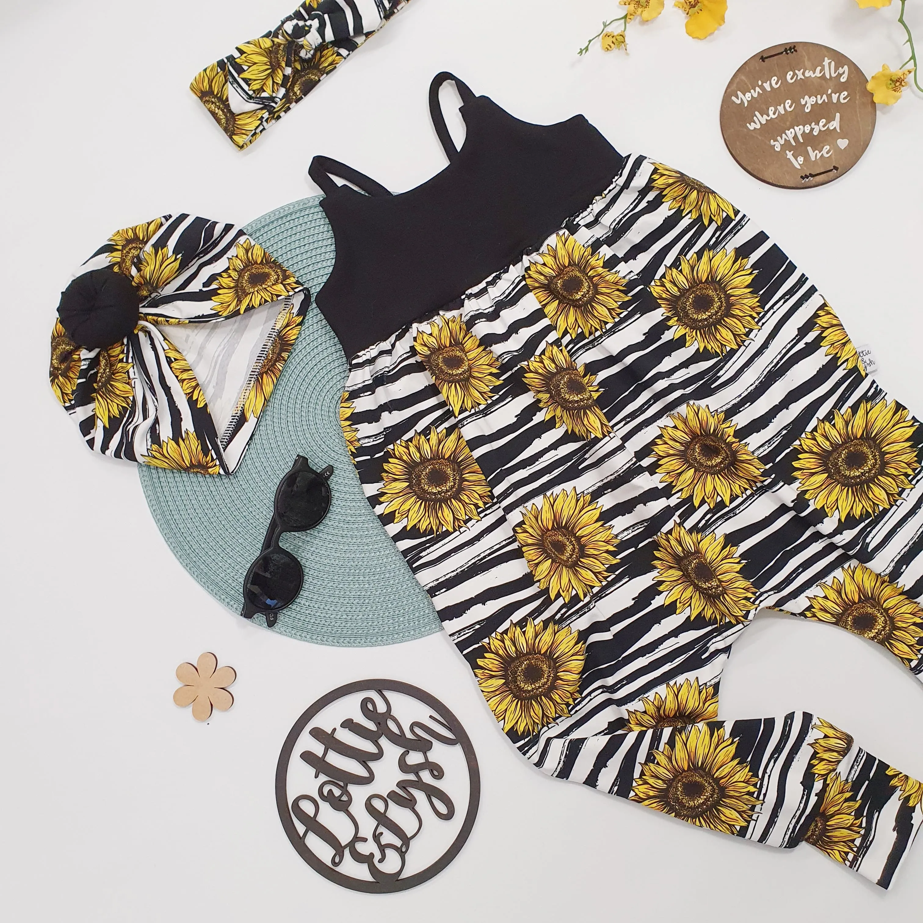 Slim Strap Gathered Romper | Sunflowers