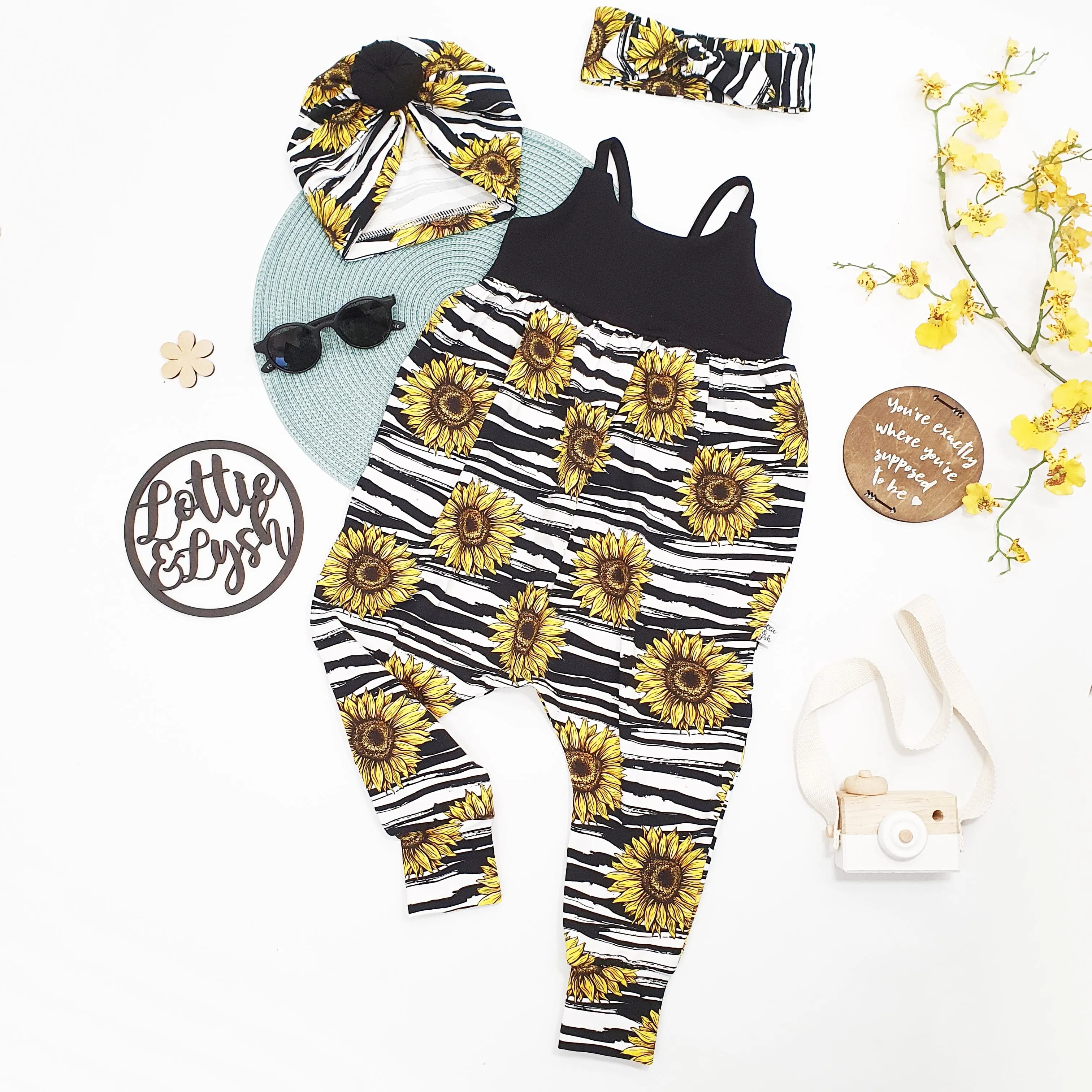 Slim Strap Gathered Romper | Sunflowers