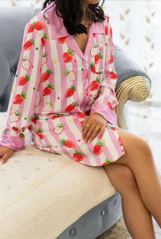 Strawberries and Dream Striped Sleep Shirt
