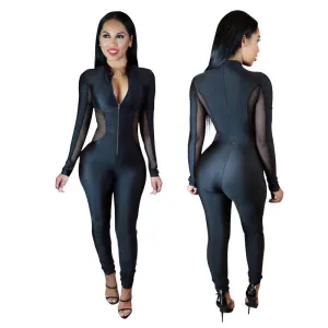 Stretch Black Mesh Sheer Patchwork Turtleneck Jumpsuit
