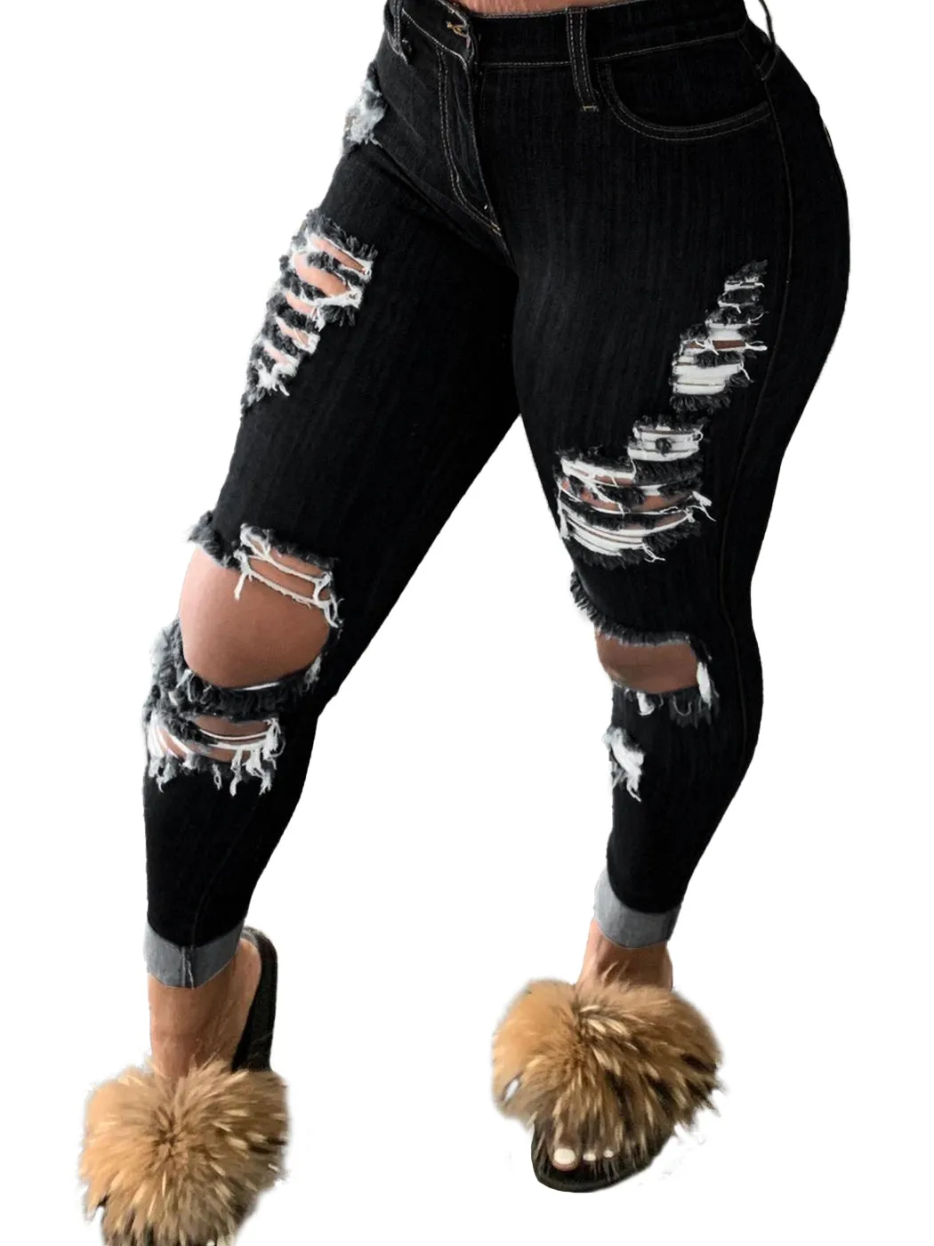 Stretch Skinny Distressed Jeans by Anna-Kaci