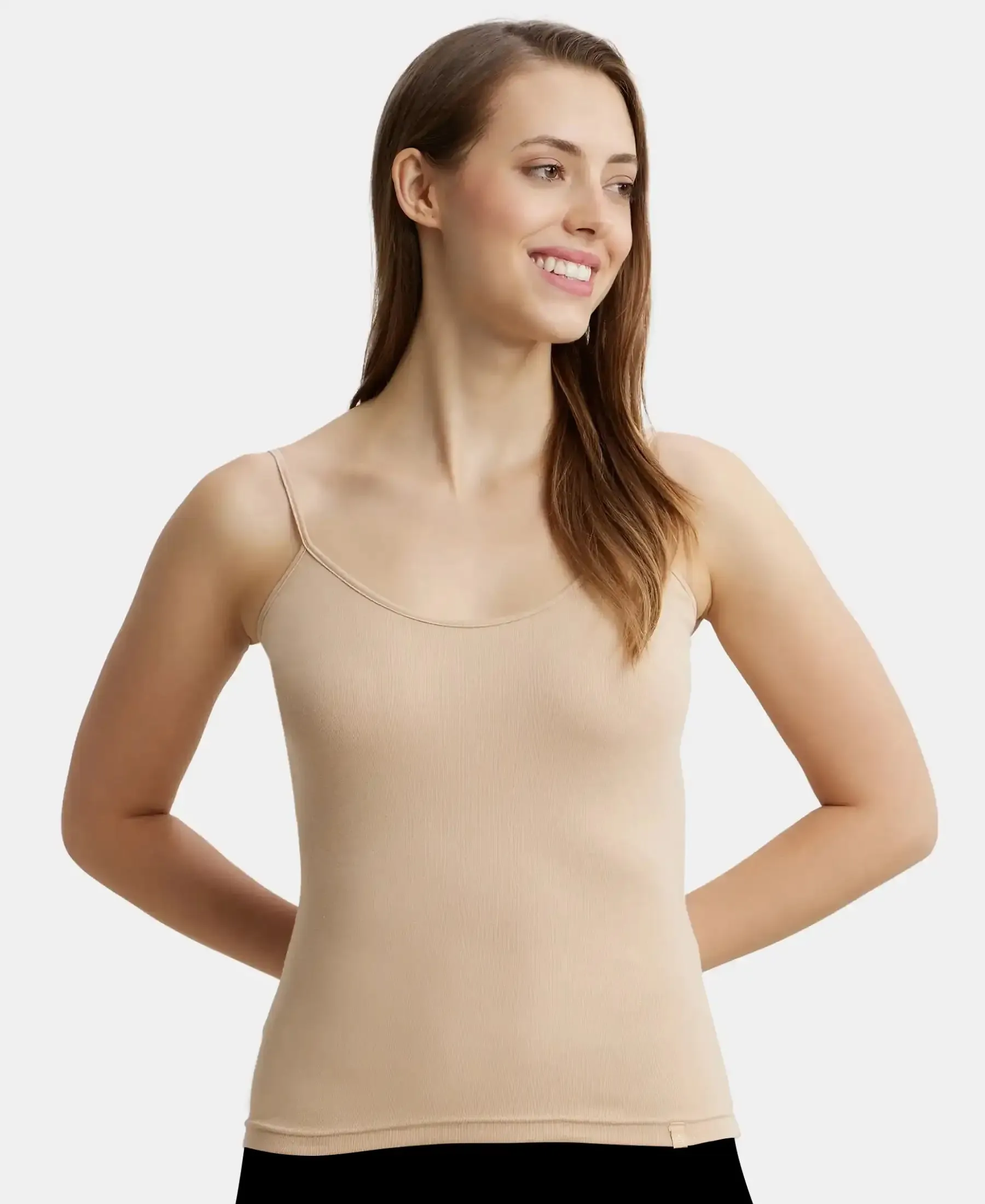 Super Combed Cotton Rib Camisole with Adjustable Straps and StayFresh Treatment - Black & Light Skin (Pack of 2)
