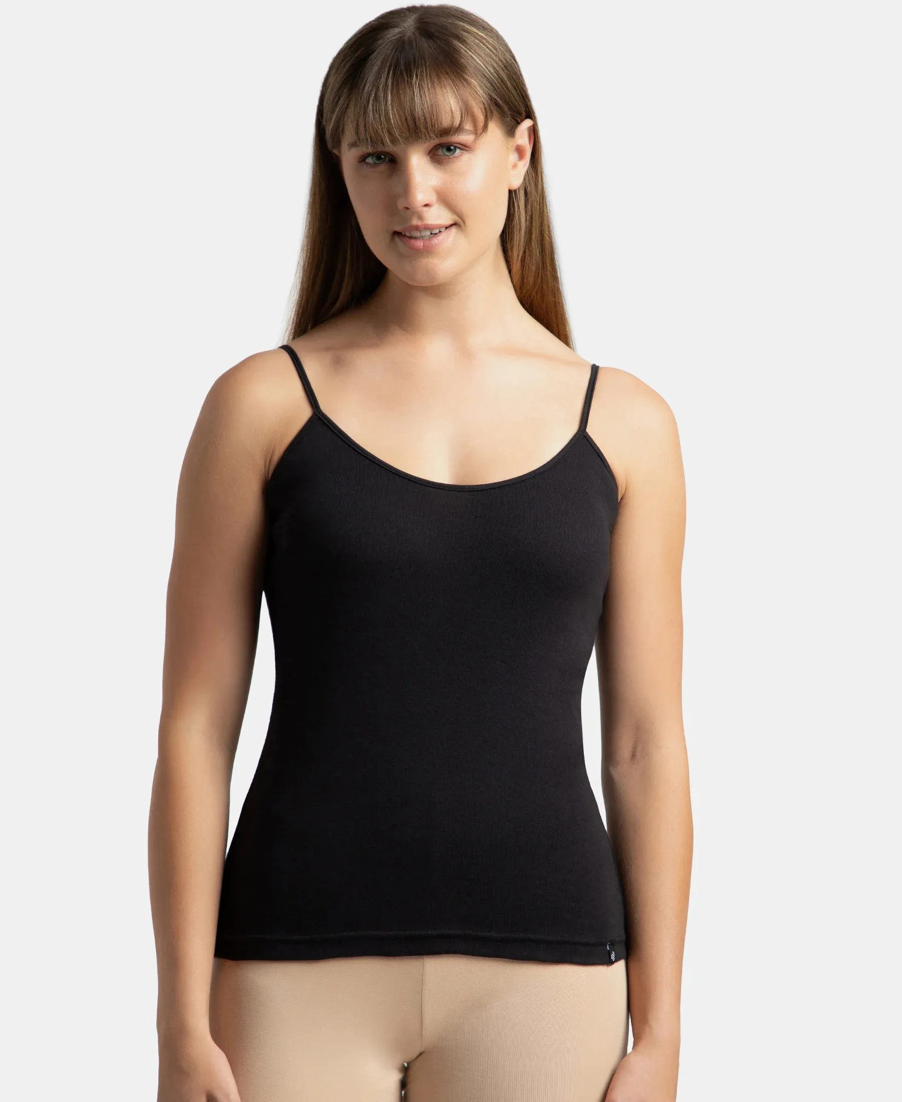 Super Combed Cotton Rib Camisole with Adjustable Straps and StayFresh Treatment - Black & Light Skin (Pack of 2)