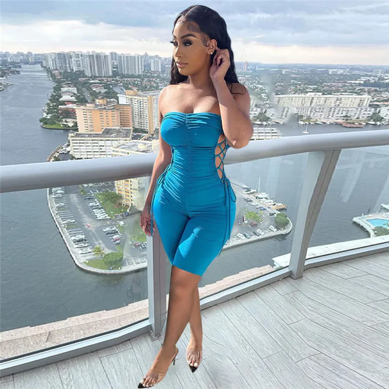 Tempting Twist Ruched Strapless Lace-Up Bodycon Romper