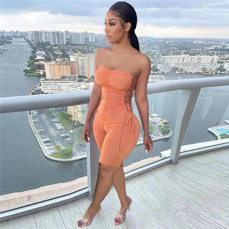 Tempting Twist Ruched Strapless Lace-Up Bodycon Romper