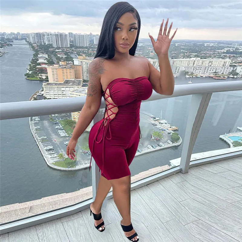 Tempting Twist Ruched Strapless Lace-Up Bodycon Romper