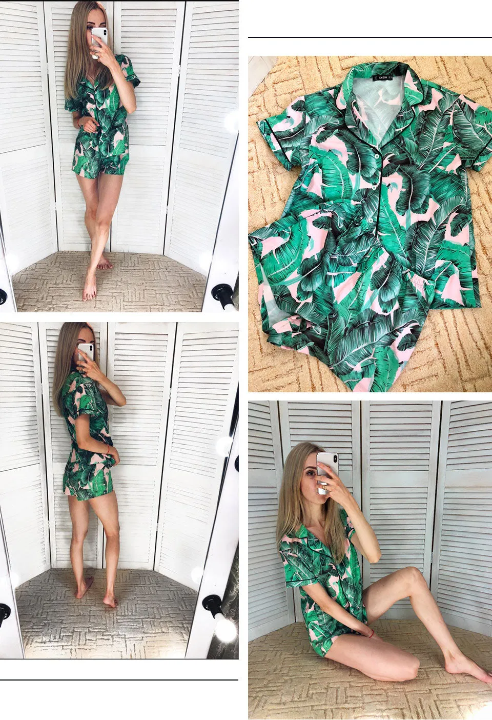 Tropical Palm Leaf Print Shirt and Shorts PJ Set