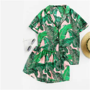Tropical Palm Leaf Print Shirt and Shorts PJ Set