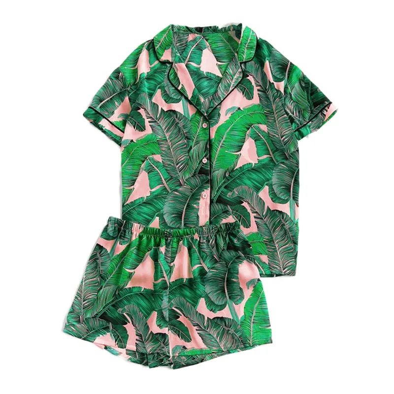 Tropical Palm Leaf Print Shirt and Shorts PJ Set