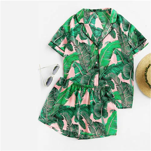 Tropical Palm Leaf Print Shirt and Shorts PJ Set