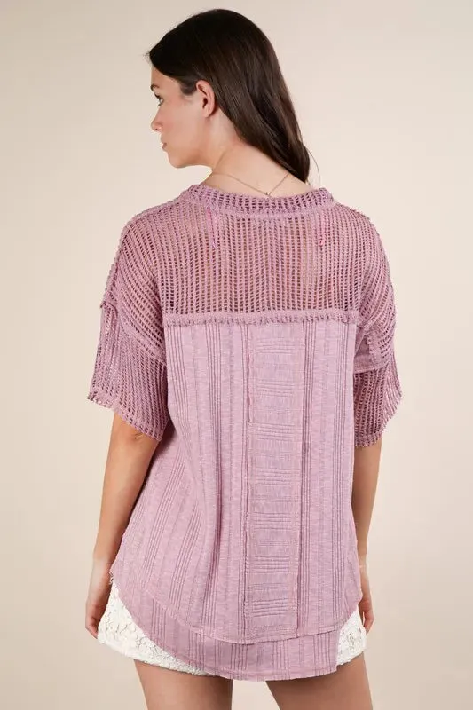 VERY J Oversized Contrast Knit Comfy Casual Top
