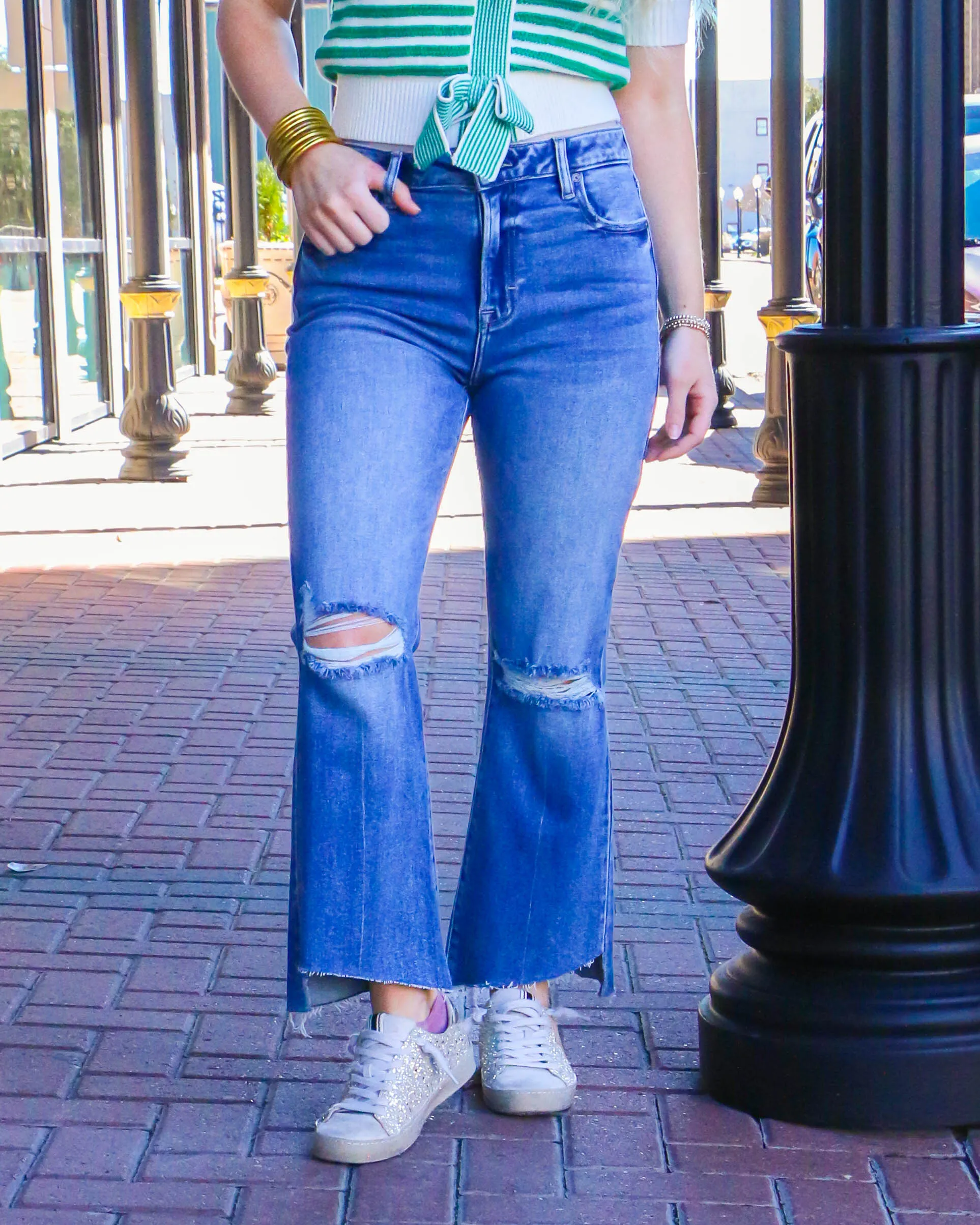 Vintage Wash Step Hem Stretch Crop Flare