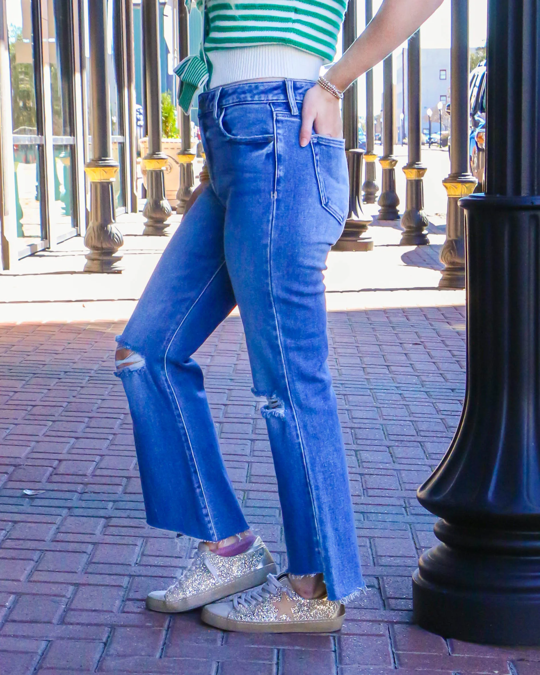 Vintage Wash Step Hem Stretch Crop Flare