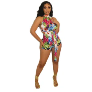 Vivid Halter Floral Backless Romper