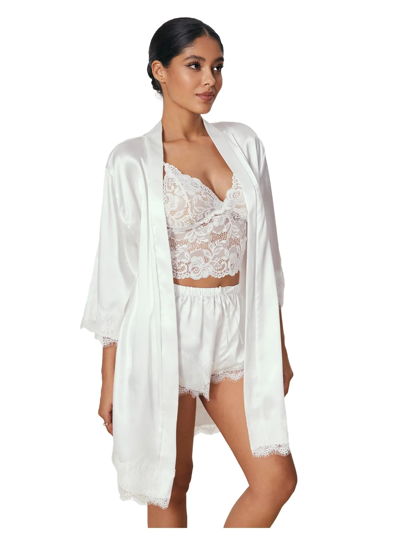 WDIRARA Women' Silk Satin Pajamas Set 4pcs Lingerie Floral Lace Cami Sleepwear with Robe Snow White M