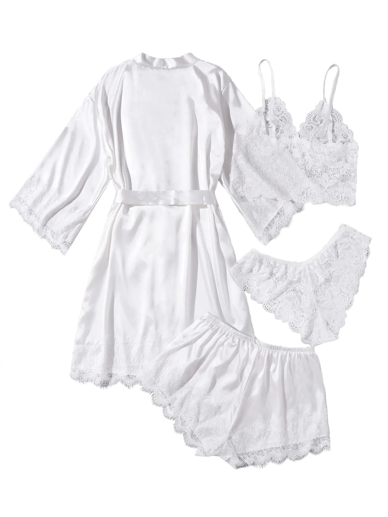 WDIRARA Women' Silk Satin Pajamas Set 4pcs Lingerie Floral Lace Cami Sleepwear with Robe Snow White M