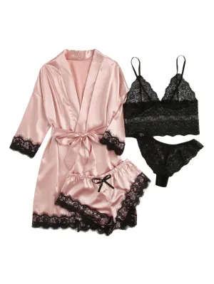 WDIRARA Women's Silk Satin Pajamas Set 4pcs Lingerie Floral Lace Cami Sleepwear with Robe Pink