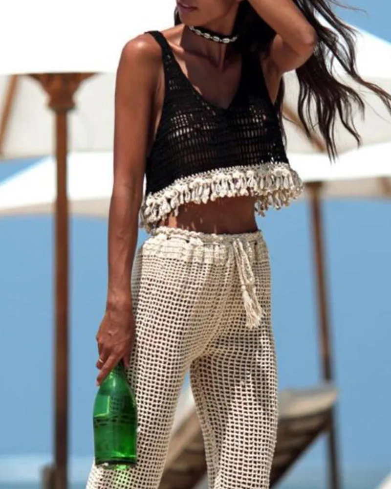 Women Beach Crochet Swimsuit Bra Tassel Sexy Knitted Crop Top Women Hollow out Elastic Camisoles Streetwear Tube Female Tops Vacation OM25979