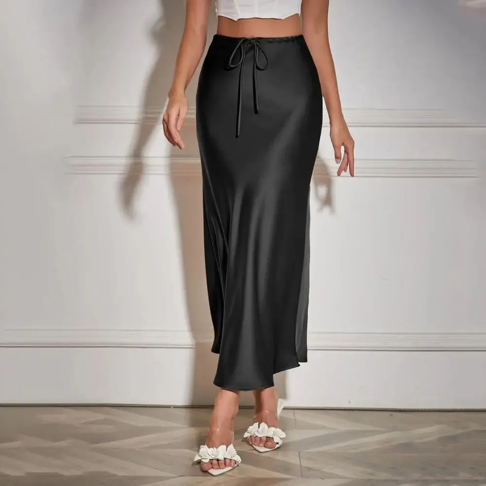 Women High-waisted Long Skirt Elegant Silky Satin High Waist Maxi Skirt for Women Ankle Length A-line Style with Drawstring