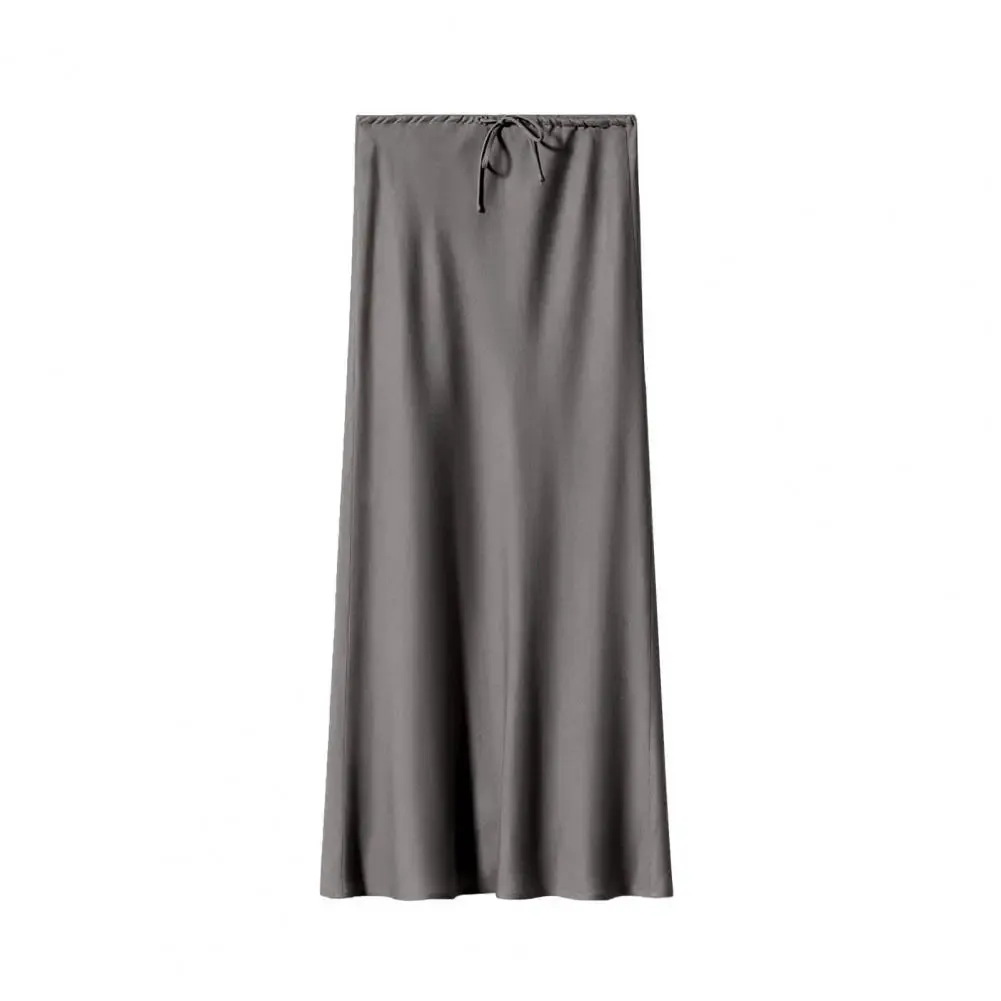 Women High-waisted Long Skirt Elegant Silky Satin High Waist Maxi Skirt for Women Ankle Length A-line Style with Drawstring