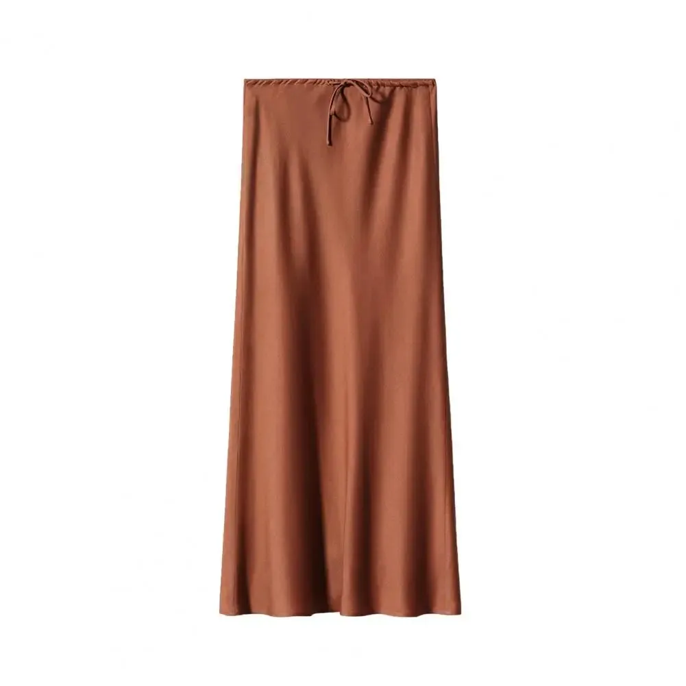 Women High-waisted Long Skirt Elegant Silky Satin High Waist Maxi Skirt for Women Ankle Length A-line Style with Drawstring
