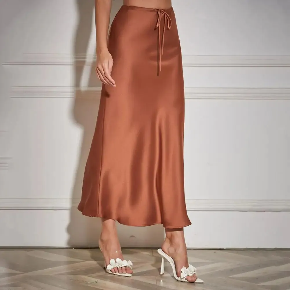 Women High-waisted Long Skirt Elegant Silky Satin High Waist Maxi Skirt for Women Ankle Length A-line Style with Drawstring