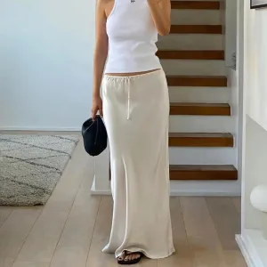 Women High-waisted Long Skirt Elegant Silky Satin High Waist Maxi Skirt for Women Ankle Length A-line Style with Drawstring